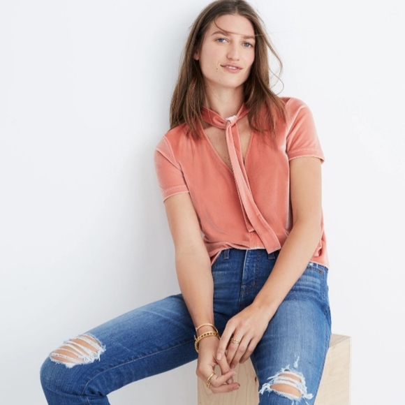 Madewell Tops - Madewell Short Sleeve Velvet Tie Neck Top Size Medium Boho Dried Coral